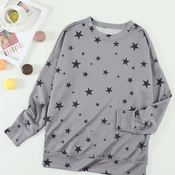STAR PRINT GRAY ROUND NECK LONG SLEEVE - Picture 8 of 14